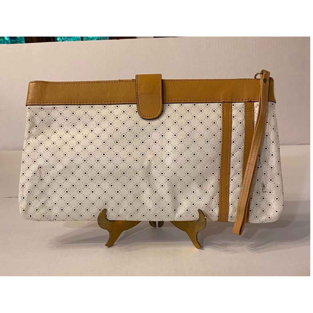 Gaetano New York Vintage Perforated Leather Oversized Clutch White Tan Wristlet